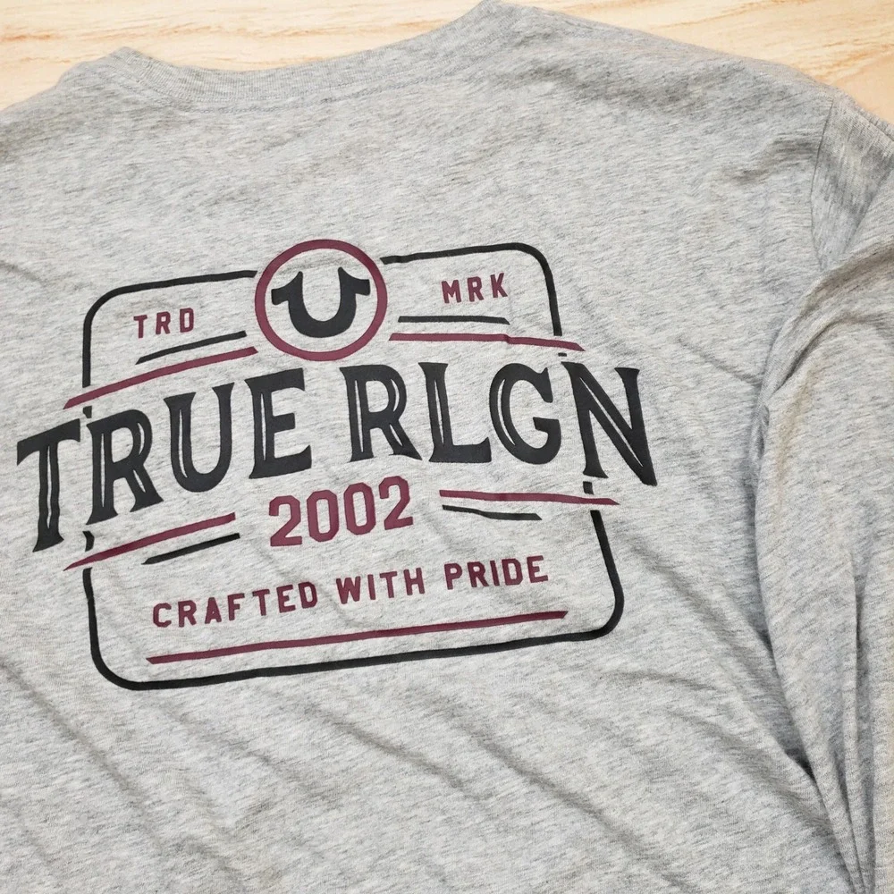 True‎ Religion Shirt Mens XL Heather Gray Graphic Long Sleeve Tee Horseshoe Logo